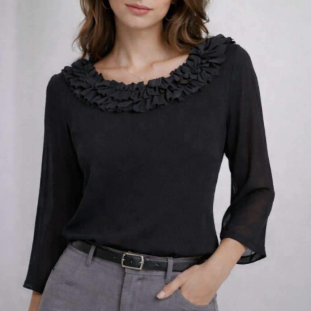 Black Ruffle Neck Blouse Size 8 Semi Sheer Sleeves
